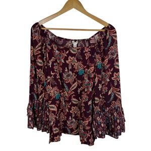 Cato Boho Floral Peasant Bell Sleeve Blouse Size 22/24W Burgundy Lightweight